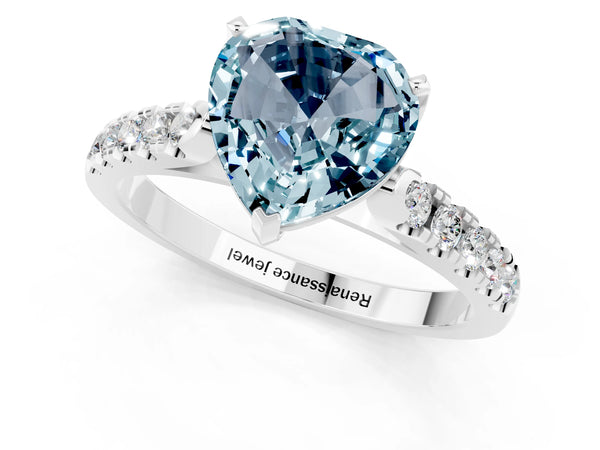 Silver Heart Cut Aquamarine Pavé Band Solitaire Ring with Prong Setting