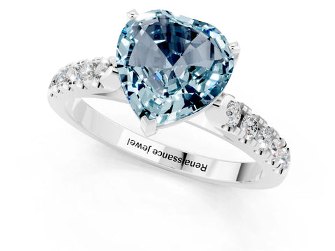 White gold {shape_name} Aquamarine Solitaire Ring with Pavé Band and Four-Prong Setting_1