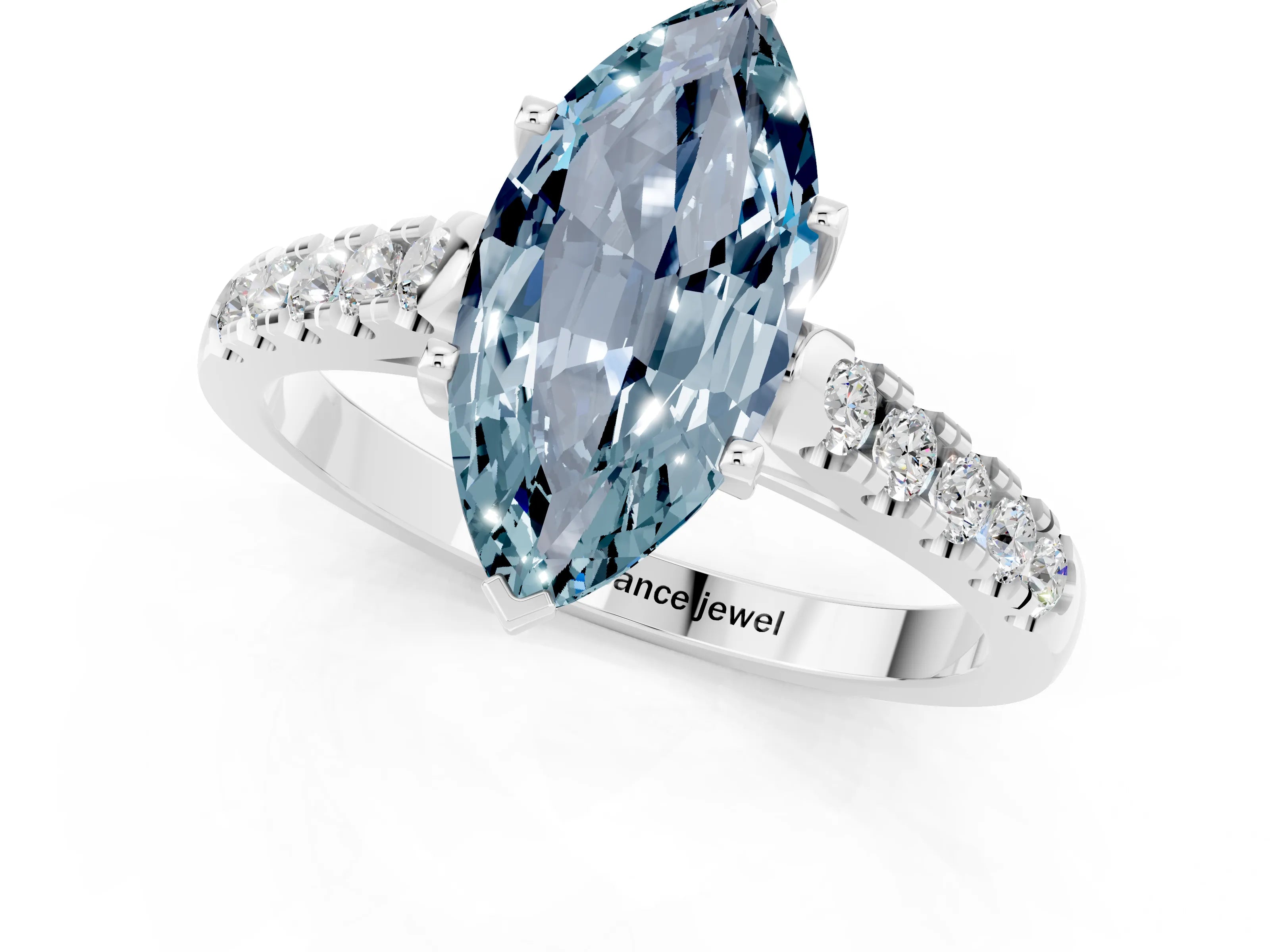 White gold {shape_name} Aquamarine Solitaire Ring with Pavé Band and Four-Prong Setting_1