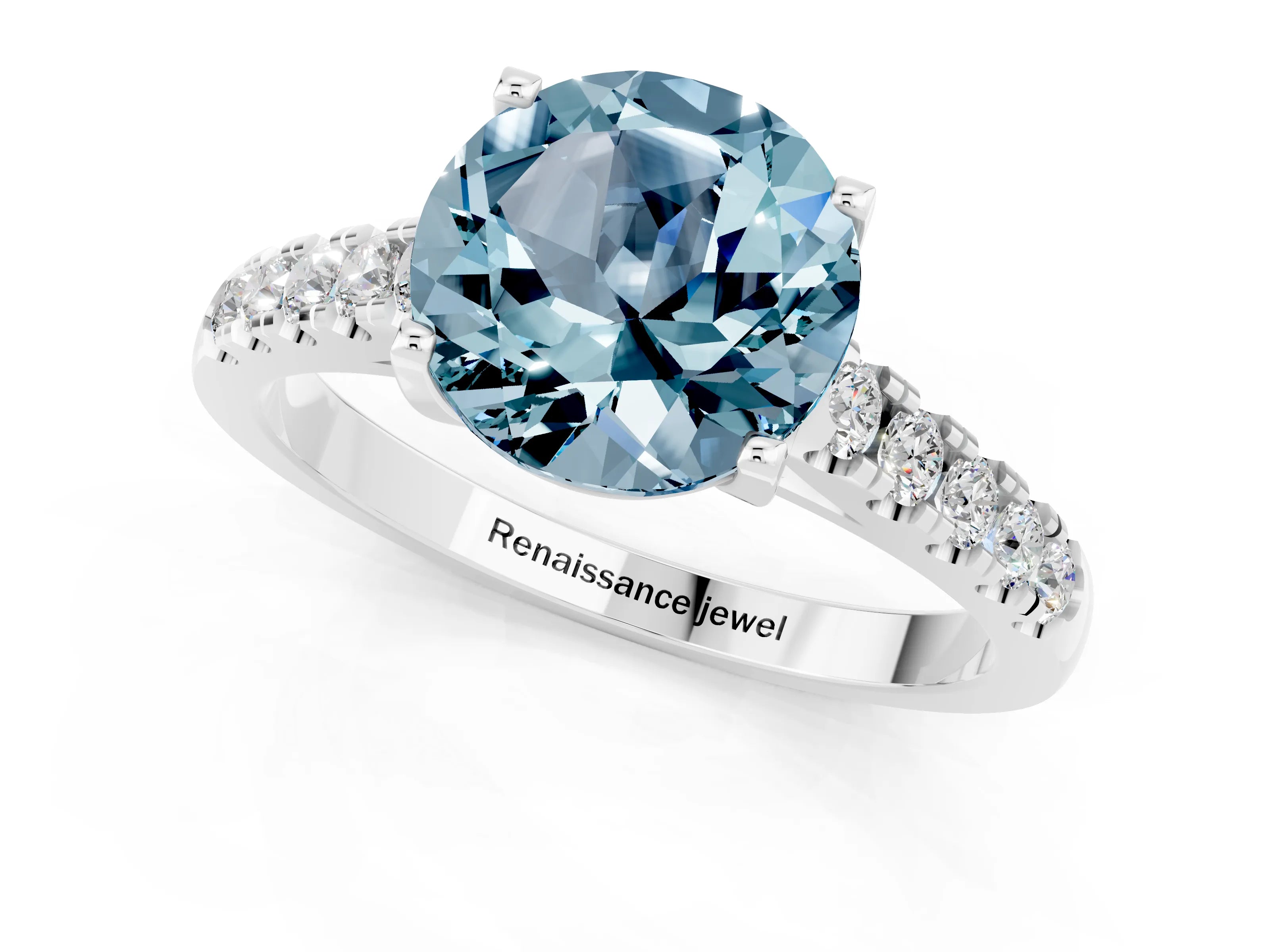 White gold {shape_name} Aquamarine Solitaire Ring with Pavé Band and Four-Prong Setting_1