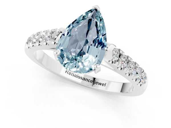 Platinum Pear Cut Aquamarine Pavé Band Solitaire Ring with Prong Setting