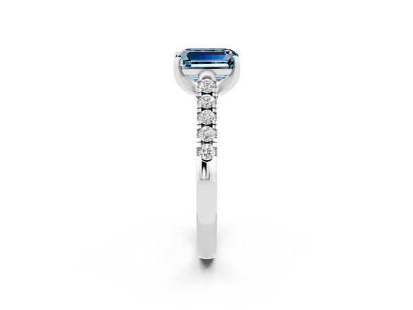 Platinum Emerald Cut Aquamarine Pavé Band Solitaire Ring with Prong Setting