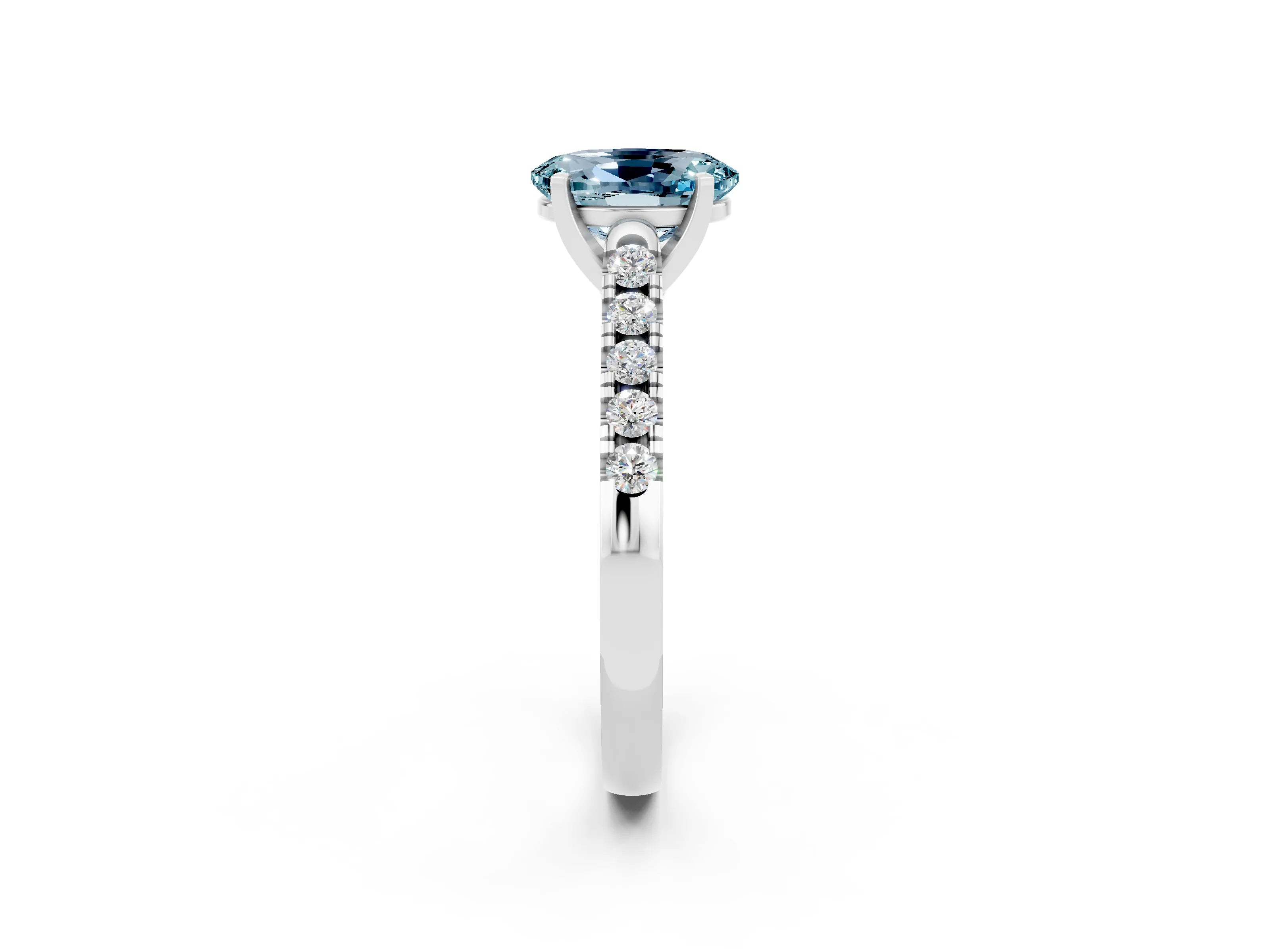 White gold {shape_name} Aquamarine Solitaire Ring with Pavé Band and Four-Prong Setting_2