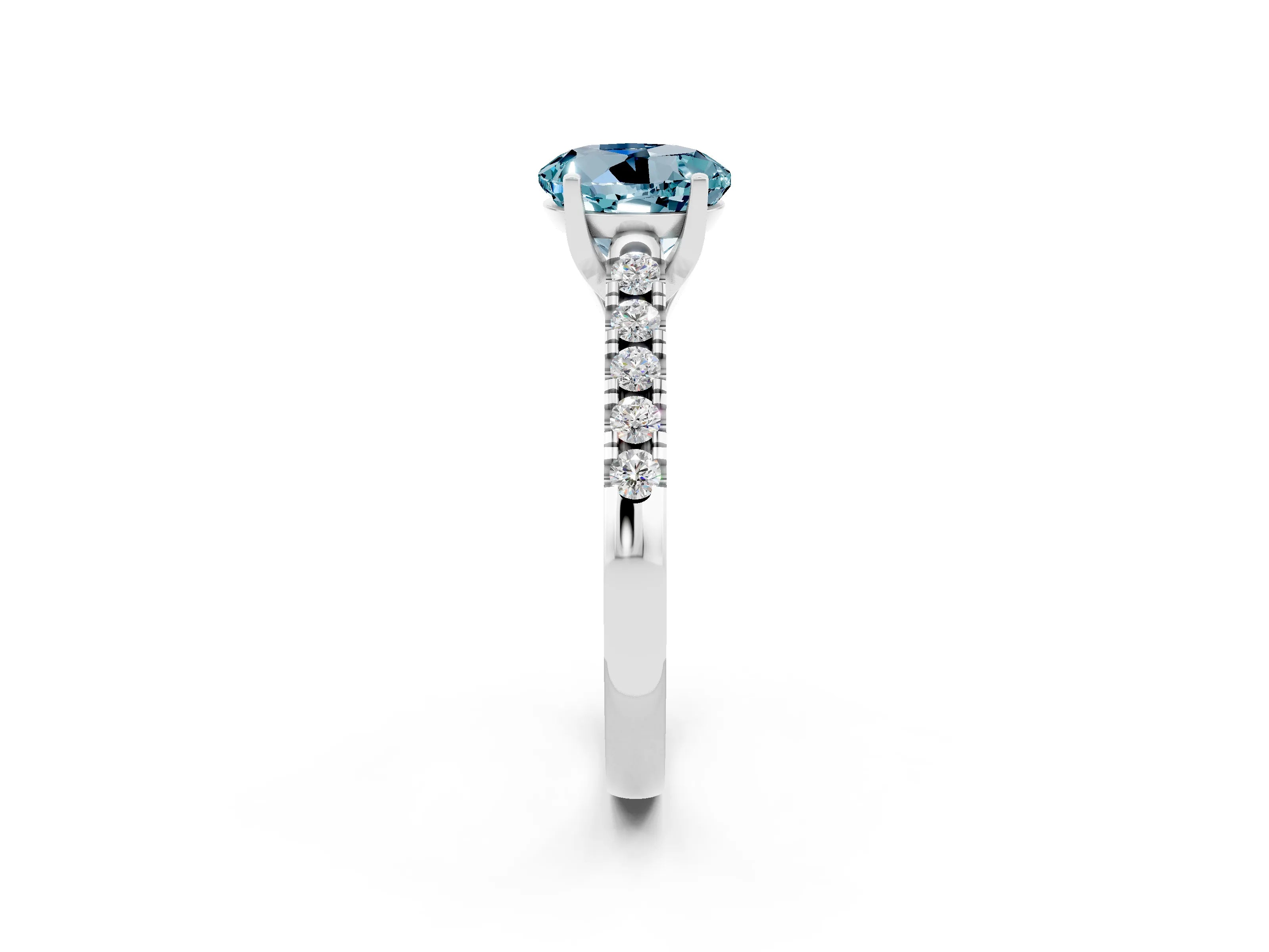 White gold {shape_name} Aquamarine Solitaire Ring with Pavé Band and Four-Prong Setting_2