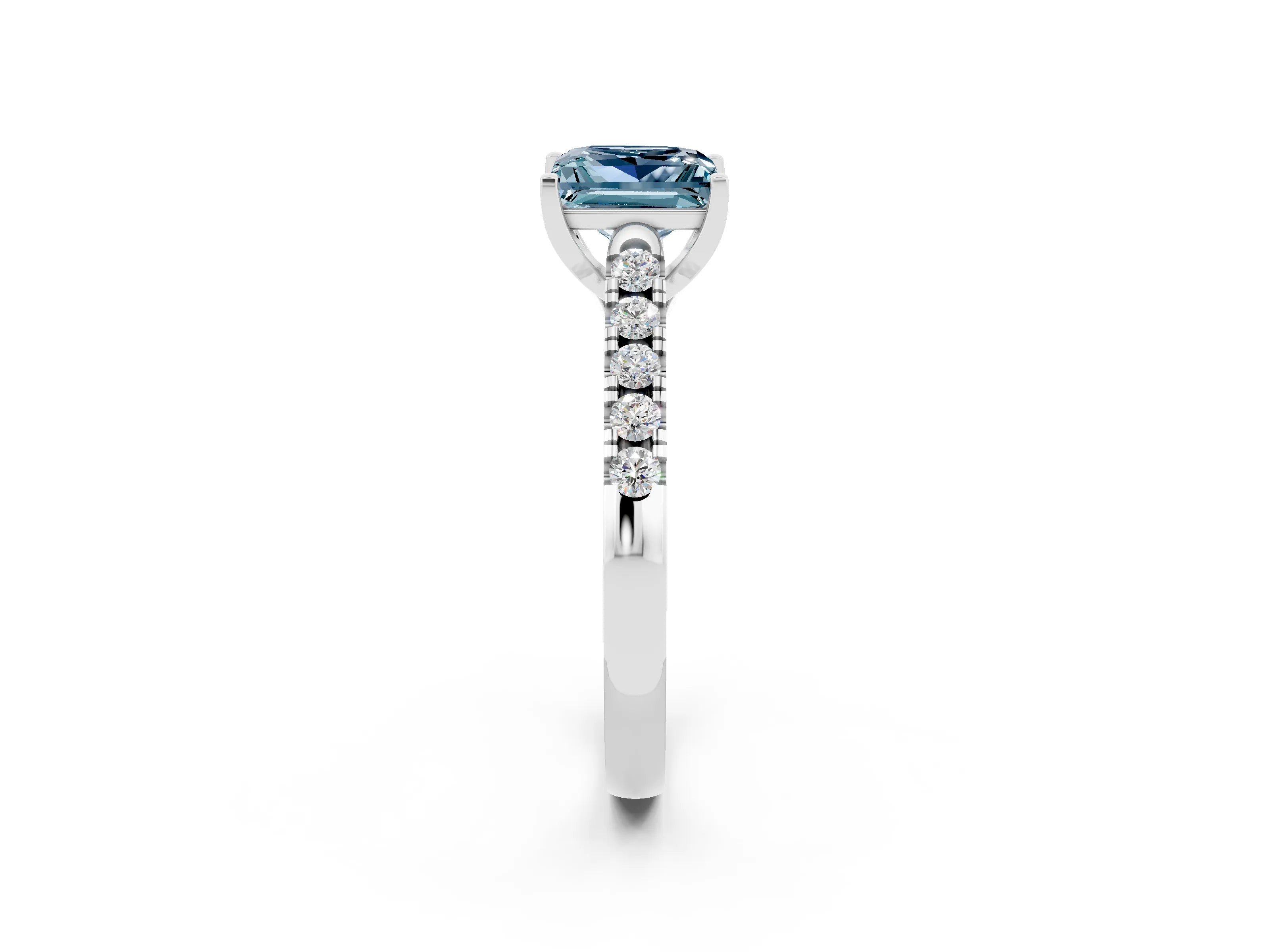 White gold {shape_name} Aquamarine Solitaire Ring with Pavé Band and Four-Prong Setting_2
