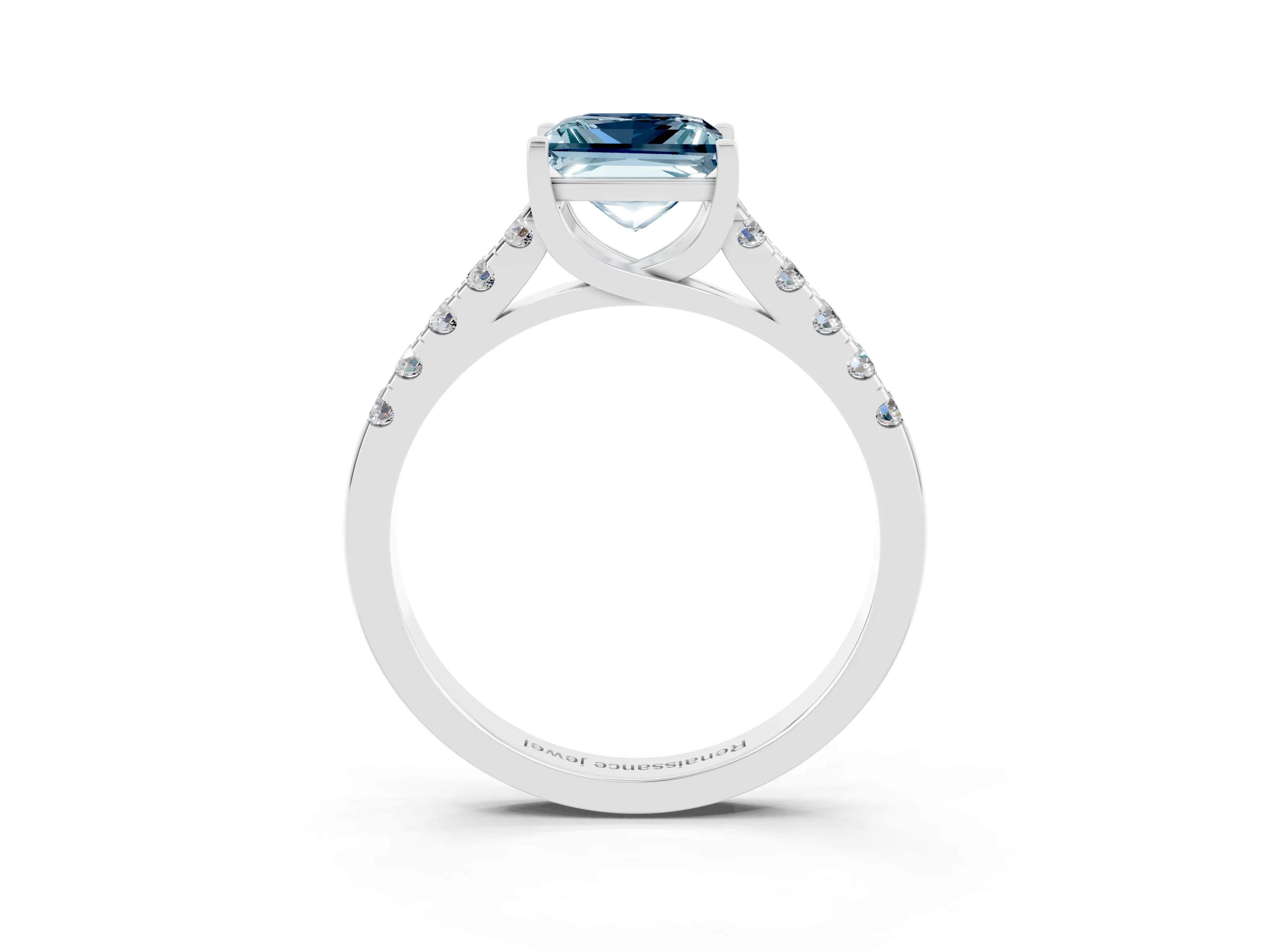 White gold {shape_name} Aquamarine Solitaire Ring with Pavé Band and Four-Prong Setting_3