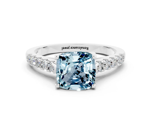 Platinum Cushion Cut Aquamarine Pavé Band Solitaire Ring with Prong Setting