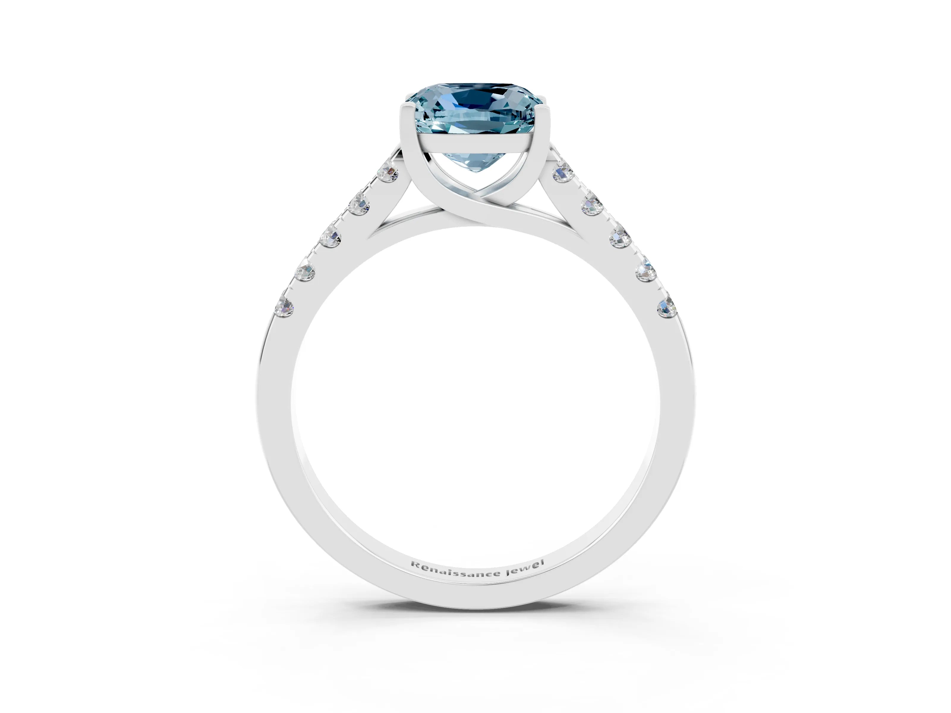White gold {shape_name} Aquamarine Solitaire Ring with Pavé Band and Four-Prong Setting_3