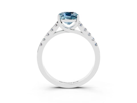 White gold {shape_name} Aquamarine Solitaire Ring with Pavé Band and Four-Prong Setting_3