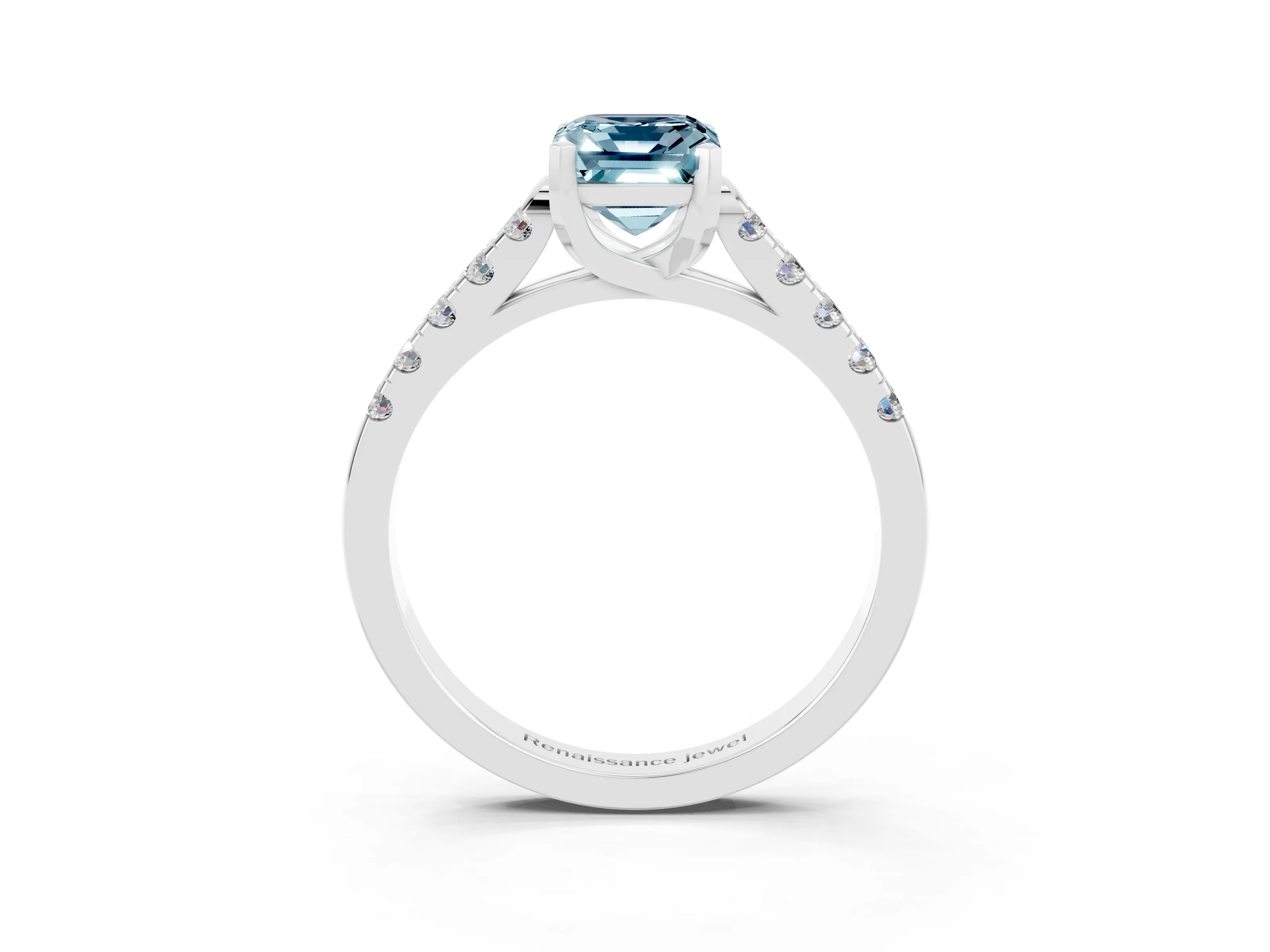 White gold {shape_name} Aquamarine Solitaire Ring with Pavé Band and Four-Prong Setting_3