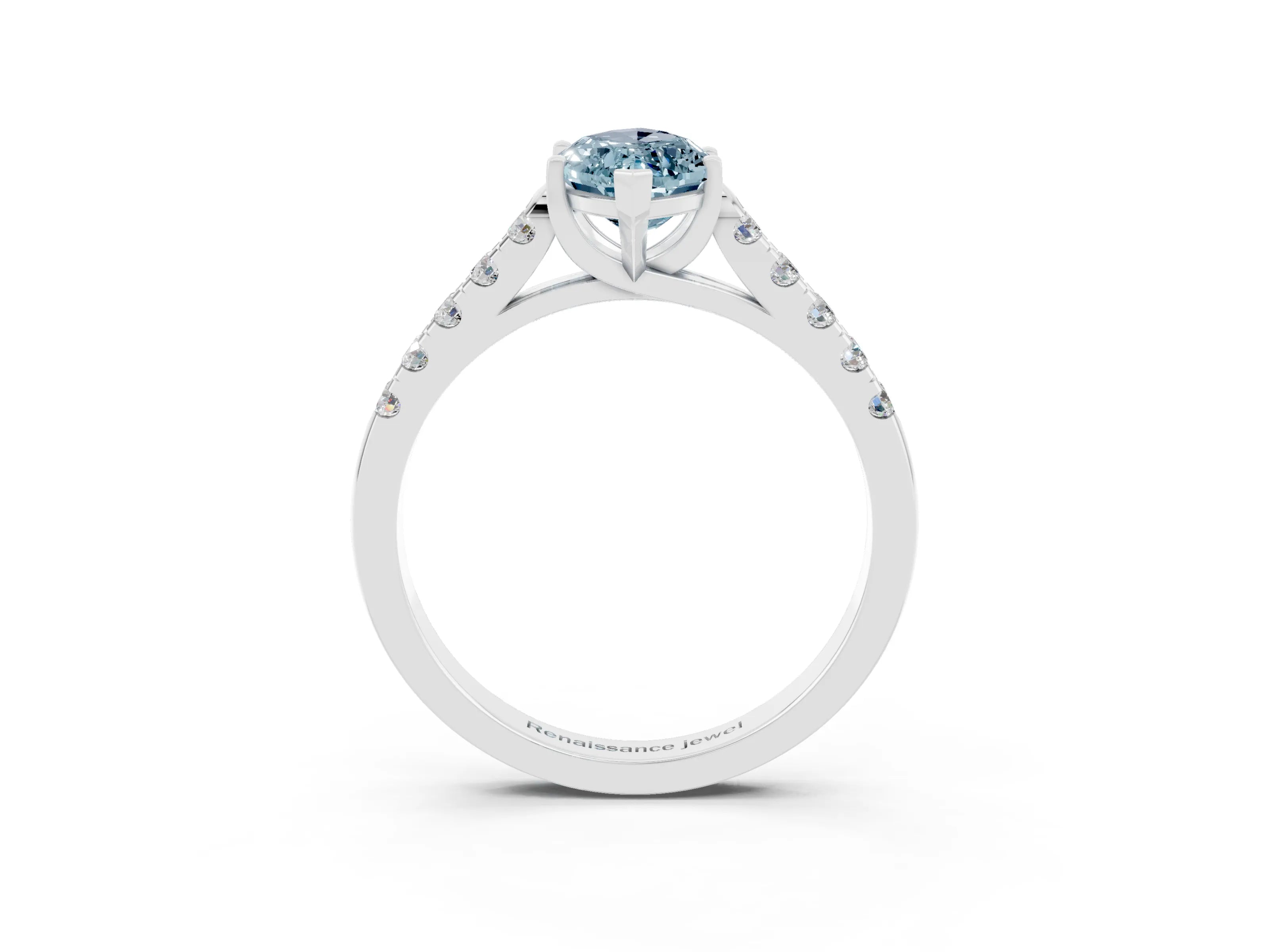 White gold {shape_name} Aquamarine Solitaire Ring with Pavé Band and Four-Prong Setting_3
