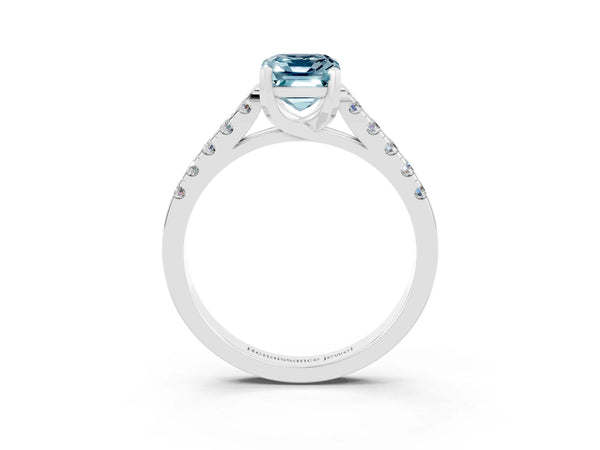 Silver Emerald Cut Aquamarine Pavé Band Solitaire Ring with Prong Setting