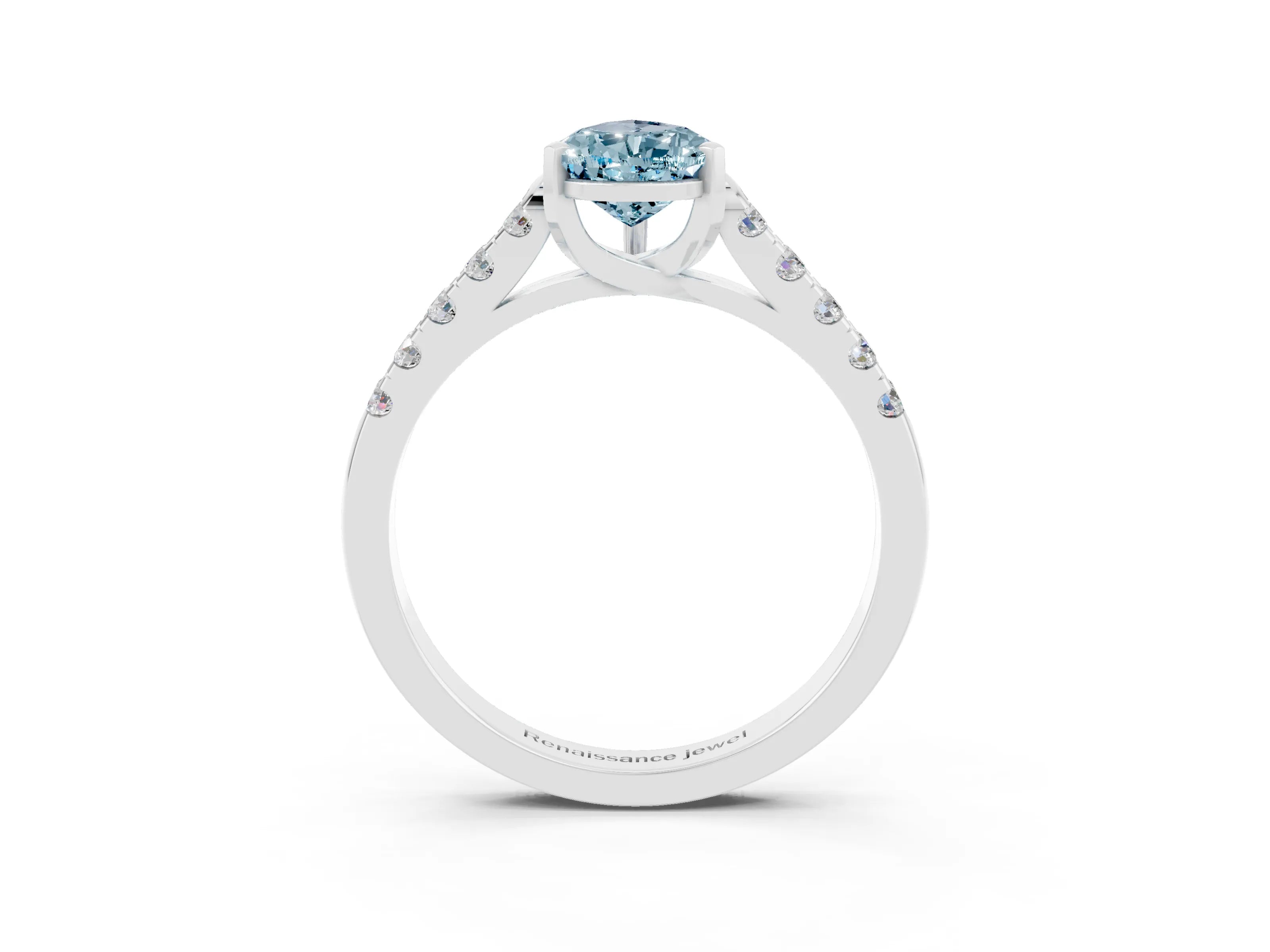 White gold {shape_name} Aquamarine Solitaire Ring with Pavé Band and Four-Prong Setting_3