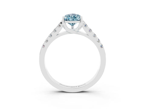 White gold {shape_name} Aquamarine Solitaire Ring with Pavé Band and Four-Prong Setting_3