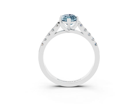 White gold {shape_name} Aquamarine Solitaire Ring with Pavé Band and Four-Prong Setting_3