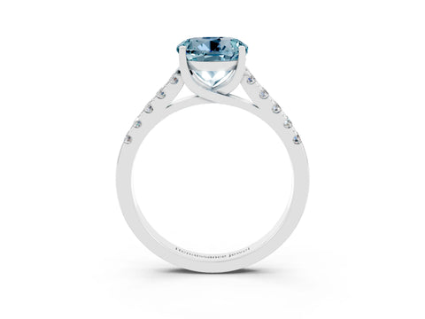 White gold {shape_name} Aquamarine Solitaire Ring with Pavé Band and Four-Prong Setting_3