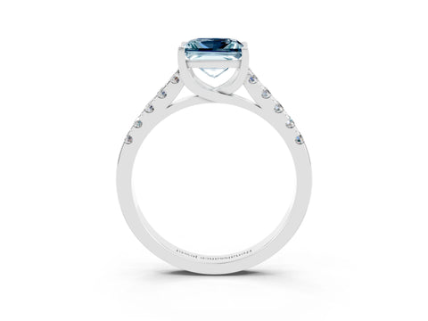 White gold {shape_name} Aquamarine Solitaire Ring with Pavé Band and Four-Prong Setting_3