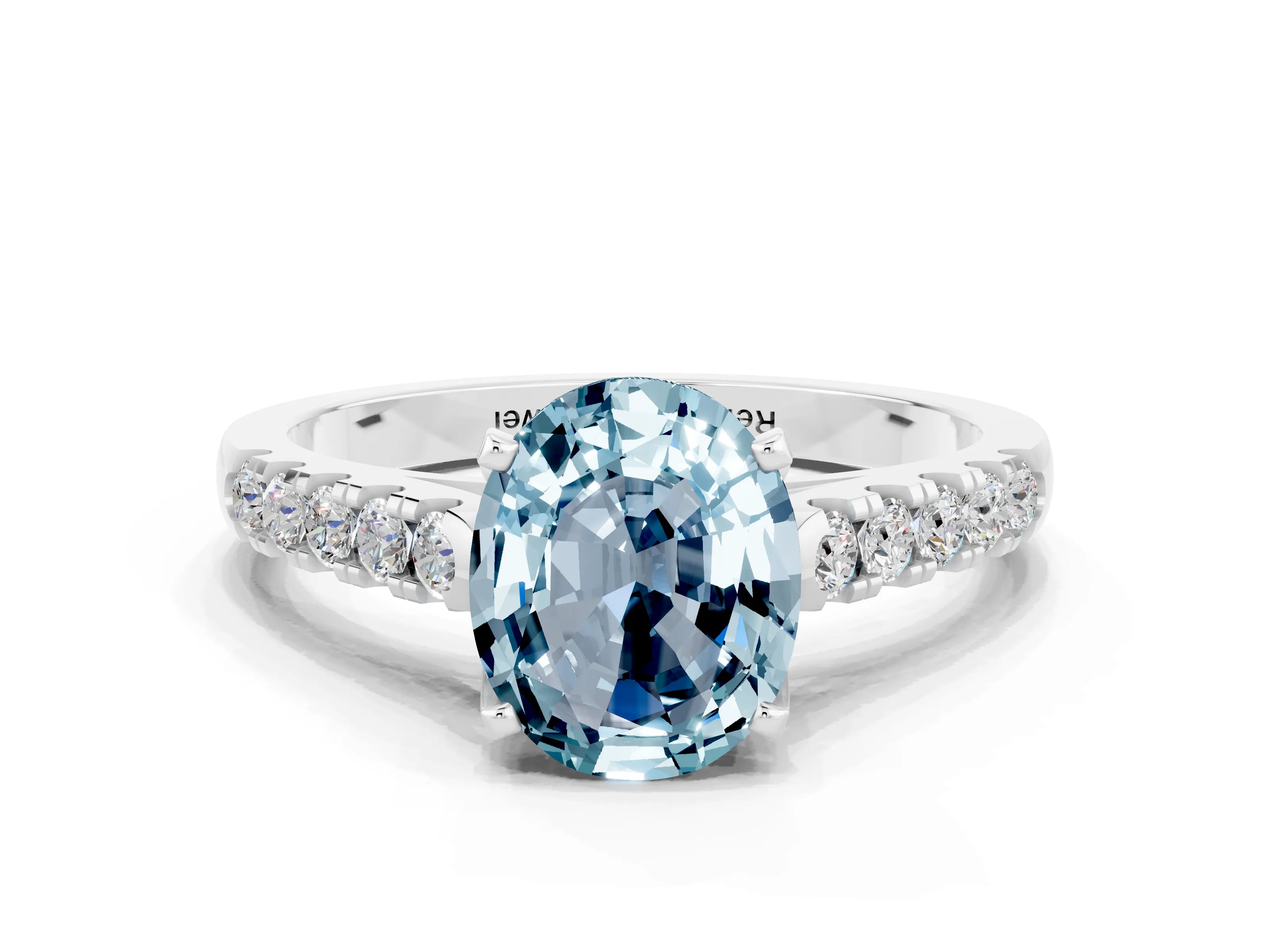 White gold {shape_name} Aquamarine Solitaire Ring with Pavé Band and Four-Prong Setting