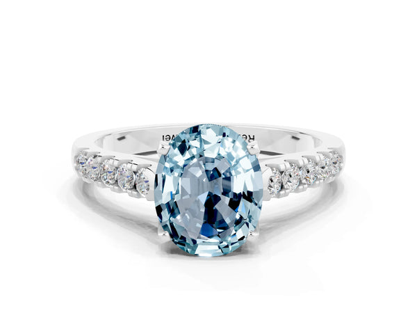 Silver Oval Cut Aquamarine Pavé Band Solitaire Ring with Prong Setting