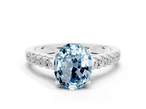 White gold {shape_name} Aquamarine Solitaire Ring with Pavé Band and Four-Prong Setting