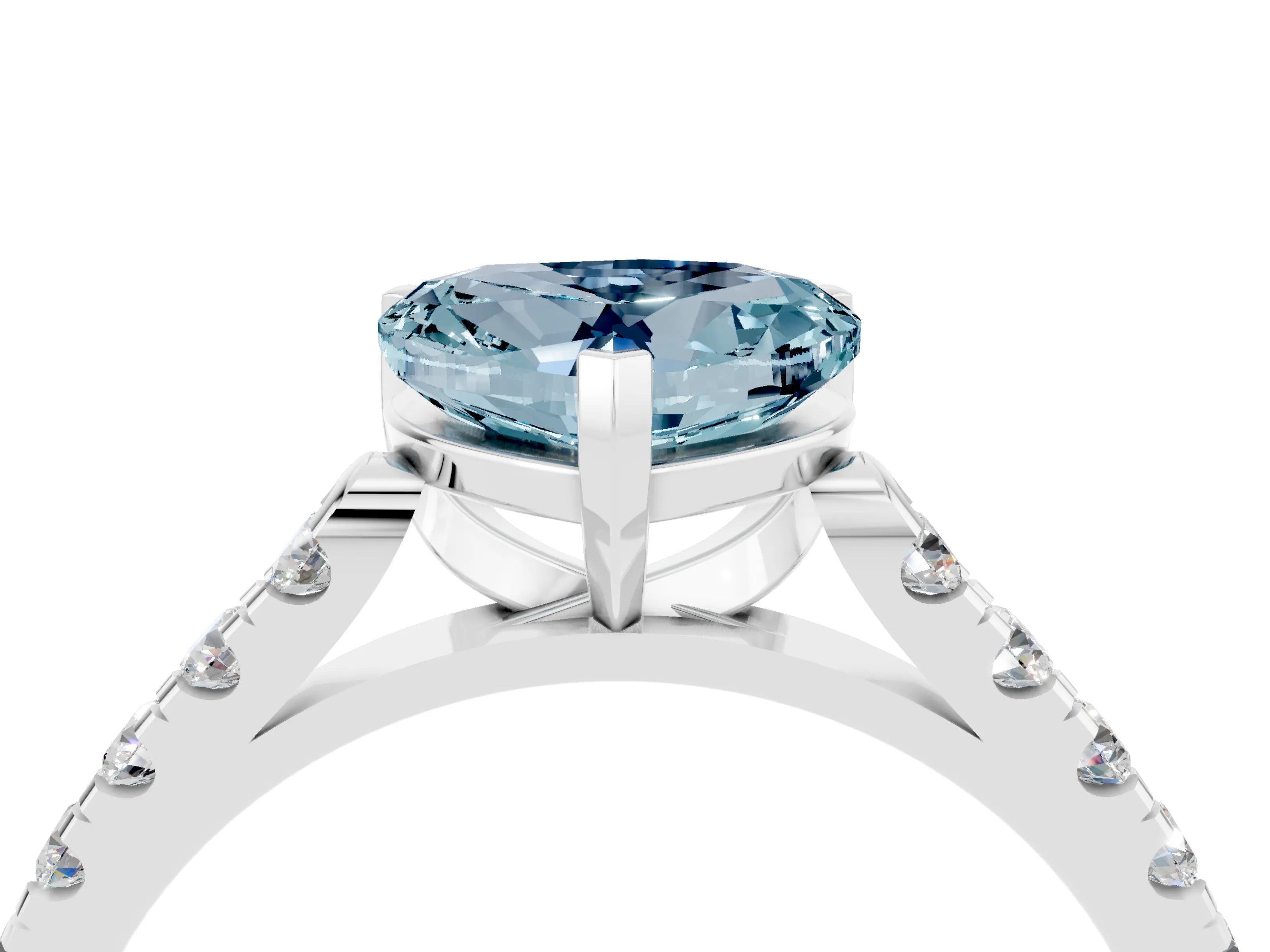 White gold {shape_name} Aquamarine Solitaire Ring with Pavé Band and Four-Prong Setting_4