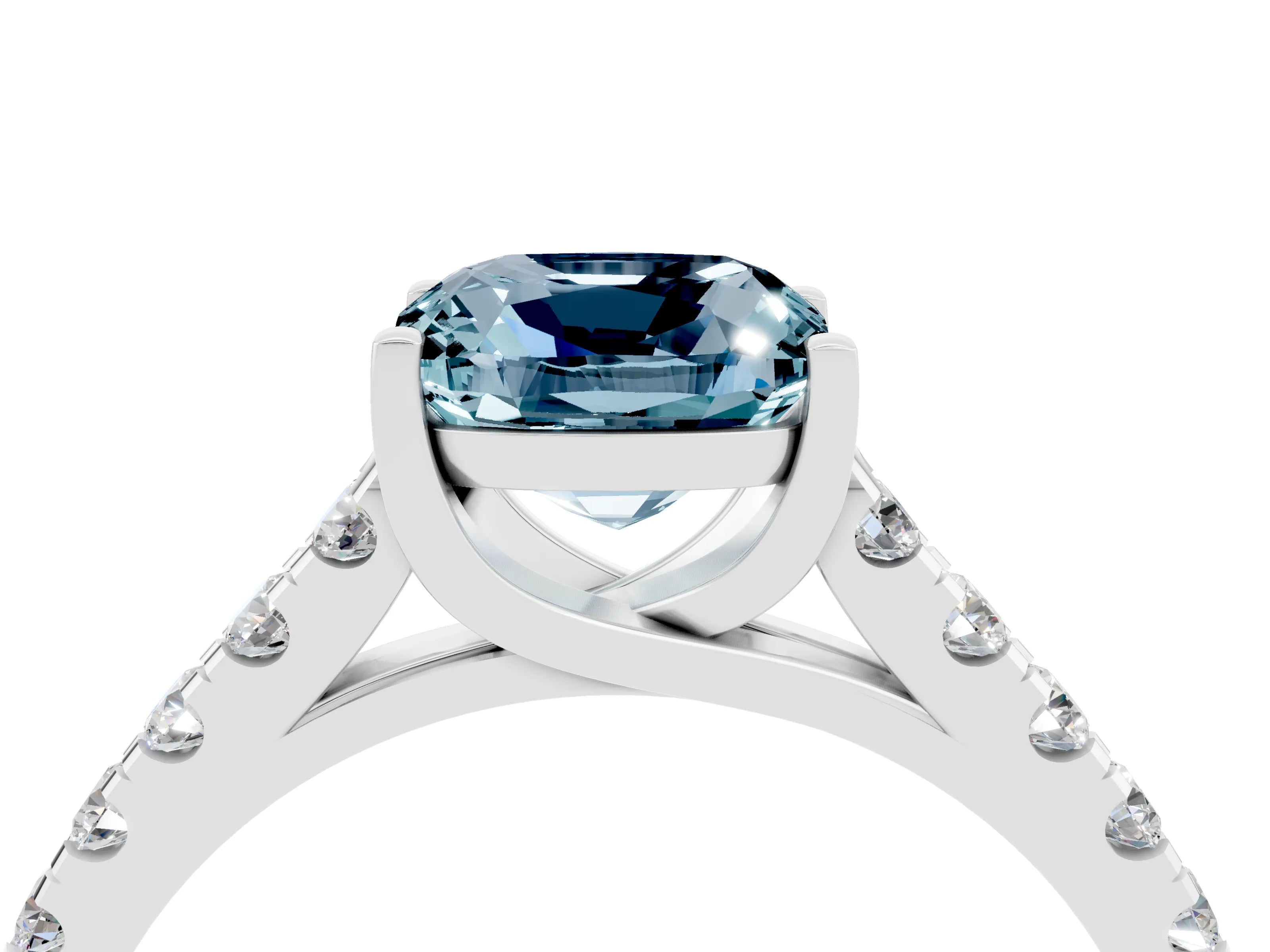 White gold {shape_name} Aquamarine Solitaire Ring with Pavé Band and Four-Prong Setting_4
