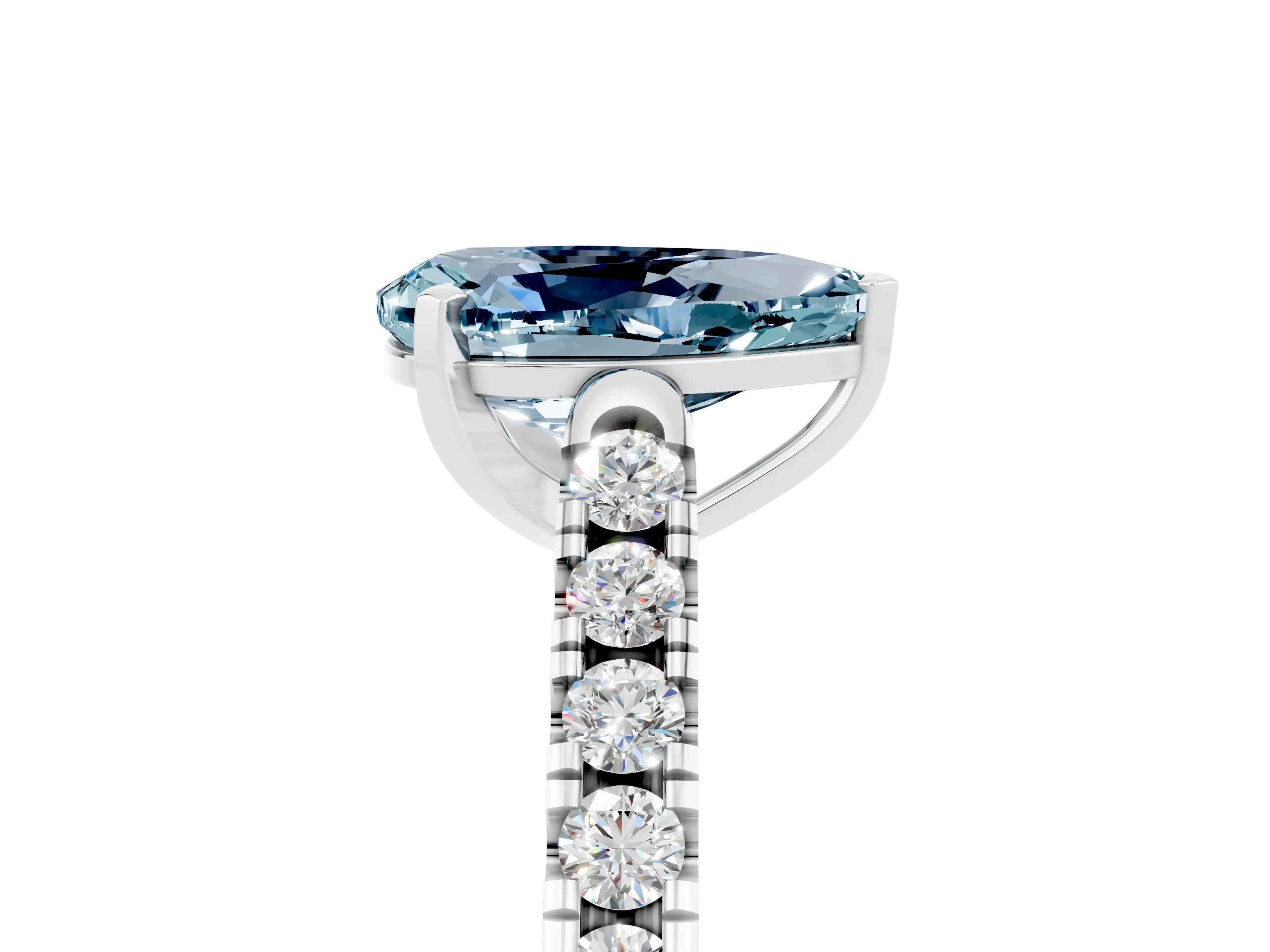 White gold {shape_name} Aquamarine Solitaire Ring with Pavé Band and Four-Prong Setting_5