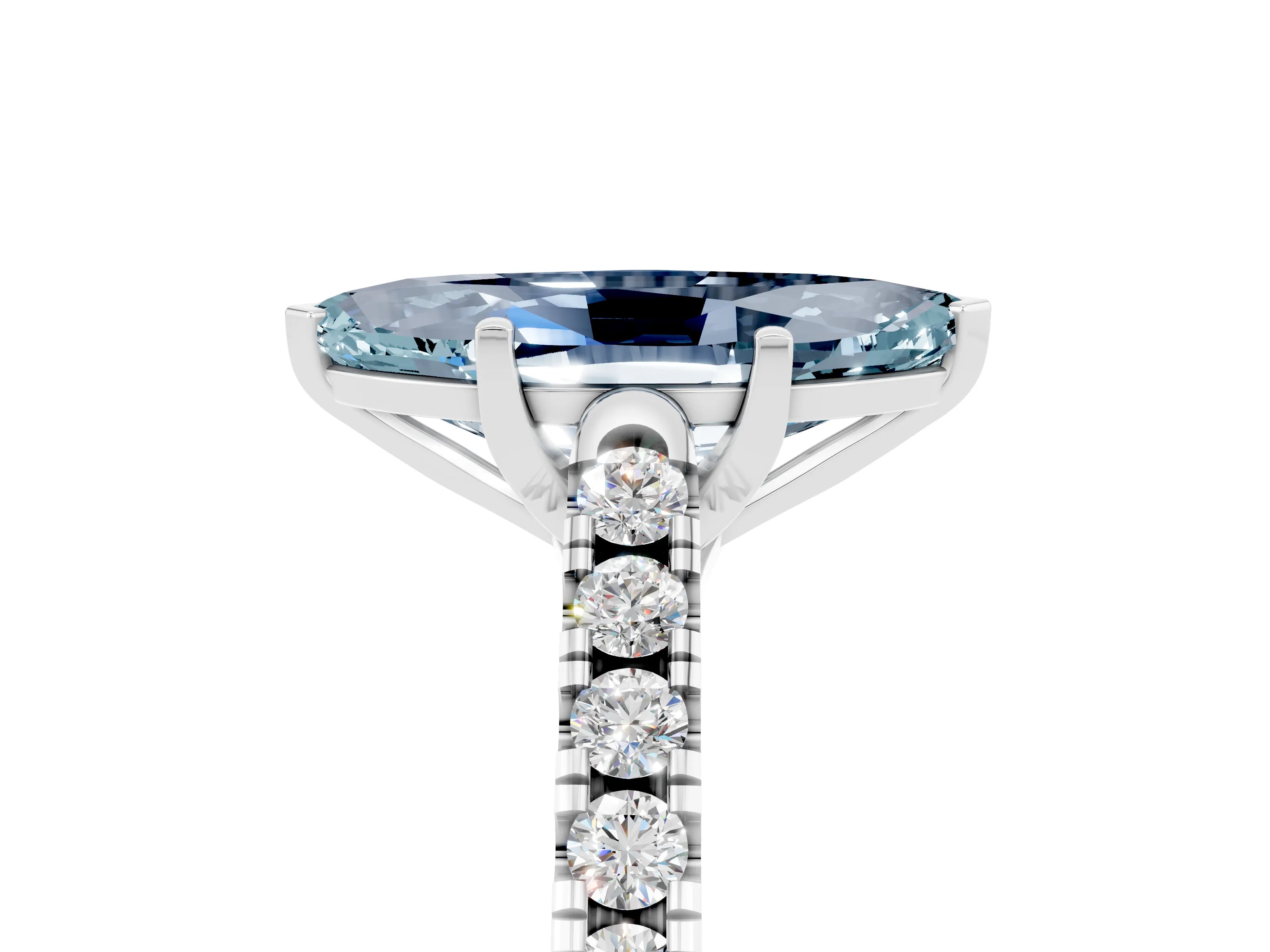 White gold {shape_name} Aquamarine Solitaire Ring with Pavé Band and Four-Prong Setting_5