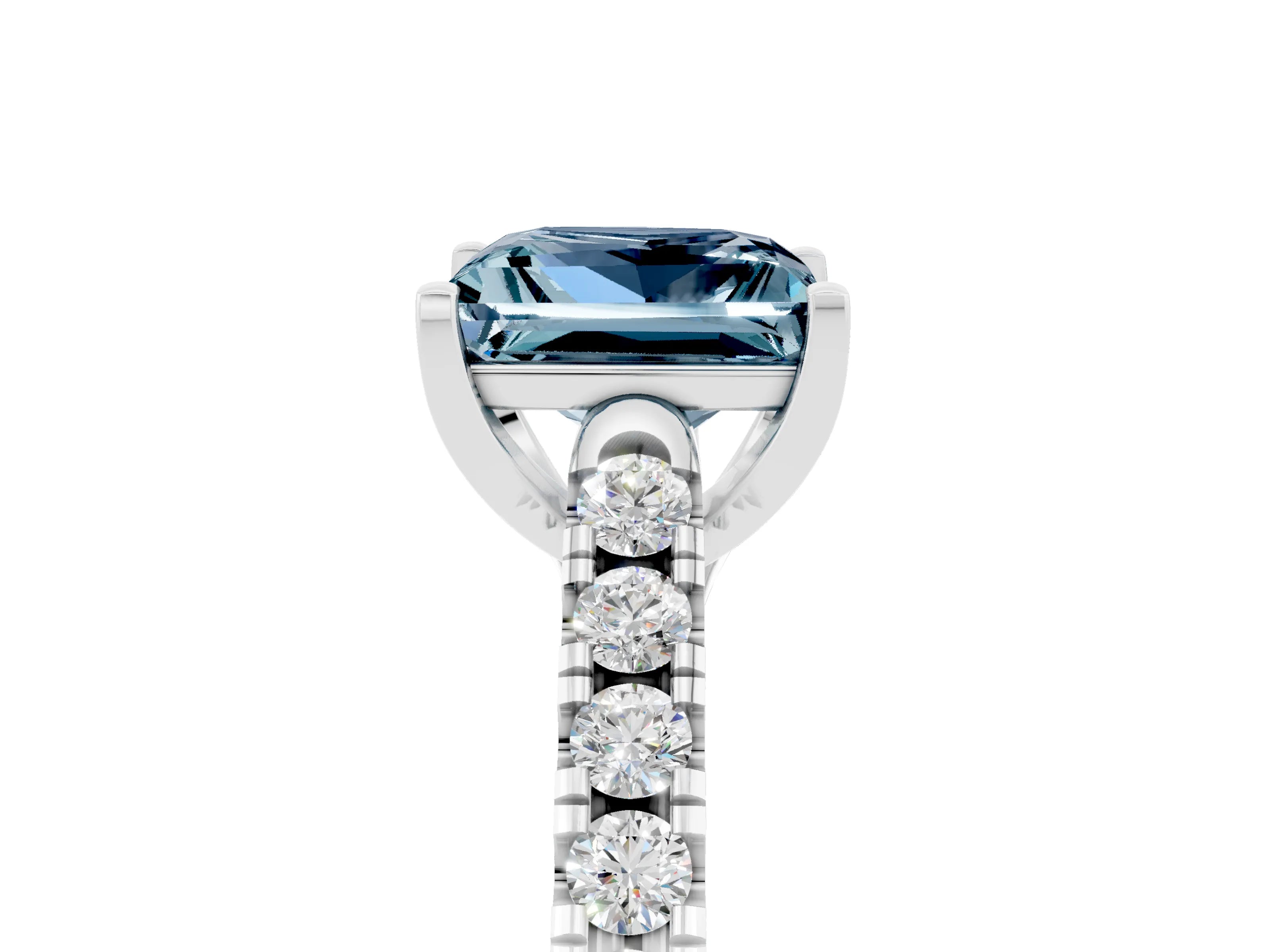 White gold {shape_name} Aquamarine Solitaire Ring with Pavé Band and Four-Prong Setting_5