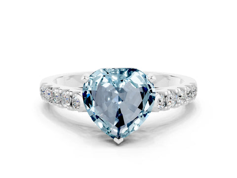 White gold {shape_name} Aquamarine Solitaire Ring with Pavé Band and Four-Prong Setting