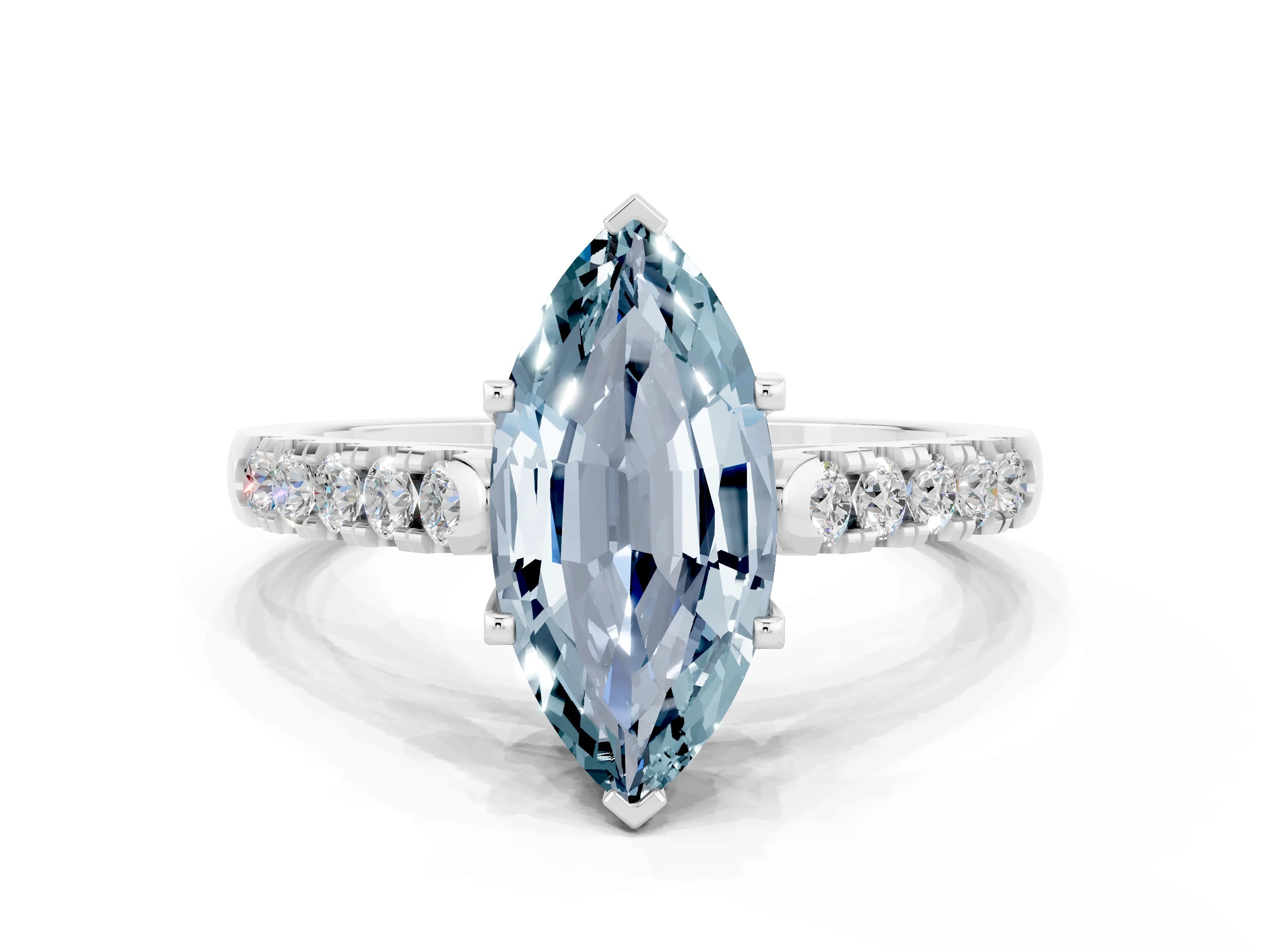White gold {shape_name} Aquamarine Solitaire Ring with Pavé Band and Four-Prong Setting