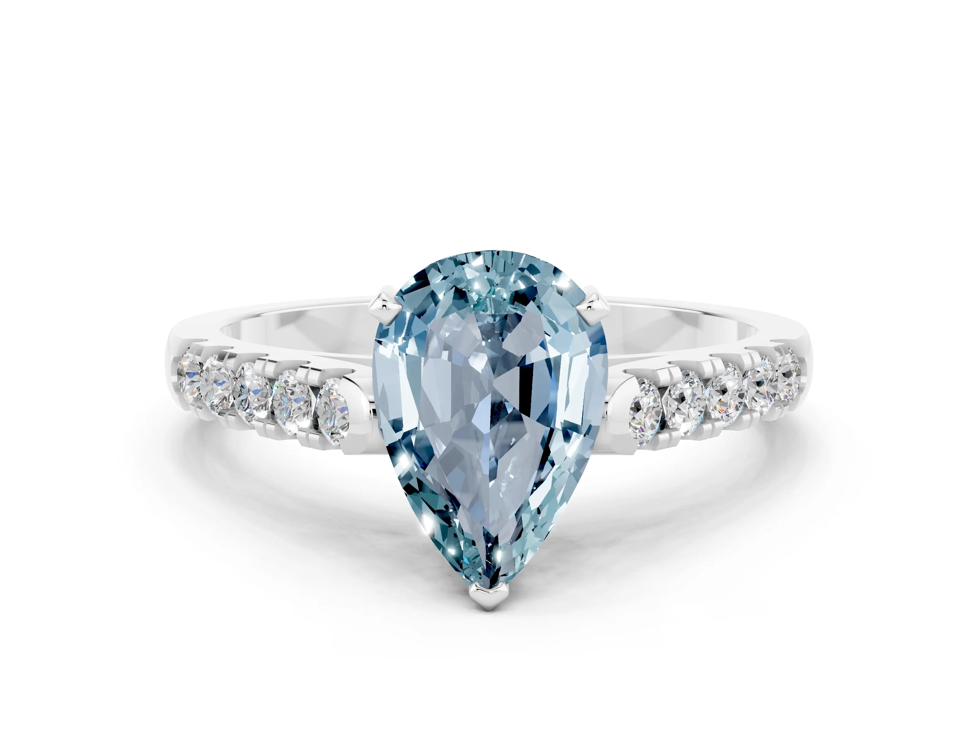 White gold {shape_name} Aquamarine Solitaire Ring with Pavé Band and Four-Prong Setting