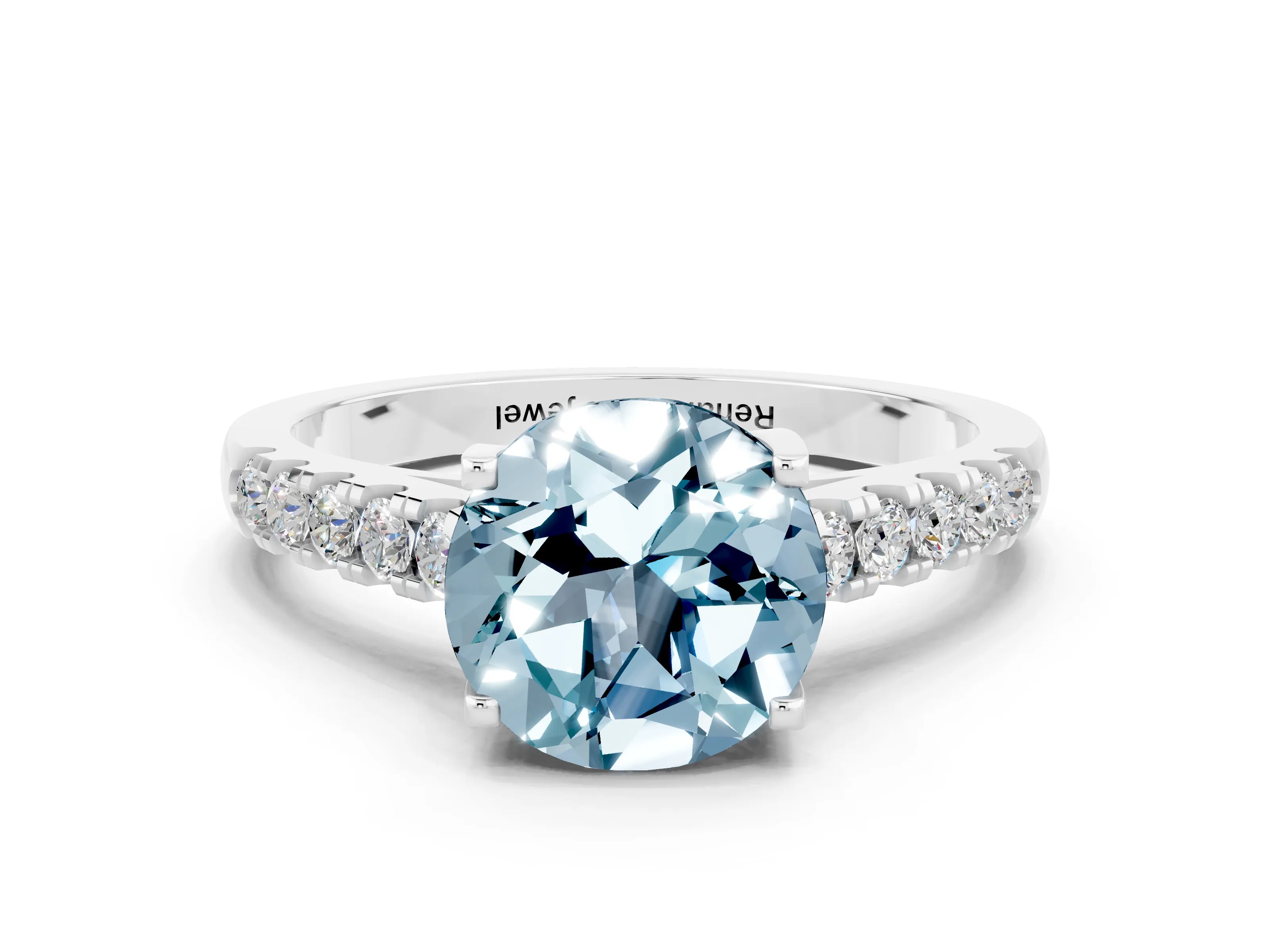 White gold {shape_name} Aquamarine Solitaire Ring with Pavé Band and Four-Prong Setting