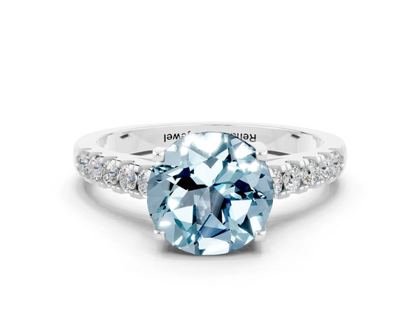 Silver Round Cut Aquamarine Pavé Band Solitaire Ring with Prong Setting