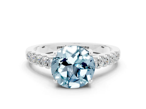 White gold {shape_name} Aquamarine Solitaire Ring with Pavé Band and Four-Prong Setting