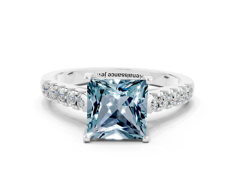 White gold {shape_name} Aquamarine Solitaire Ring with Pavé Band and Four-Prong Setting