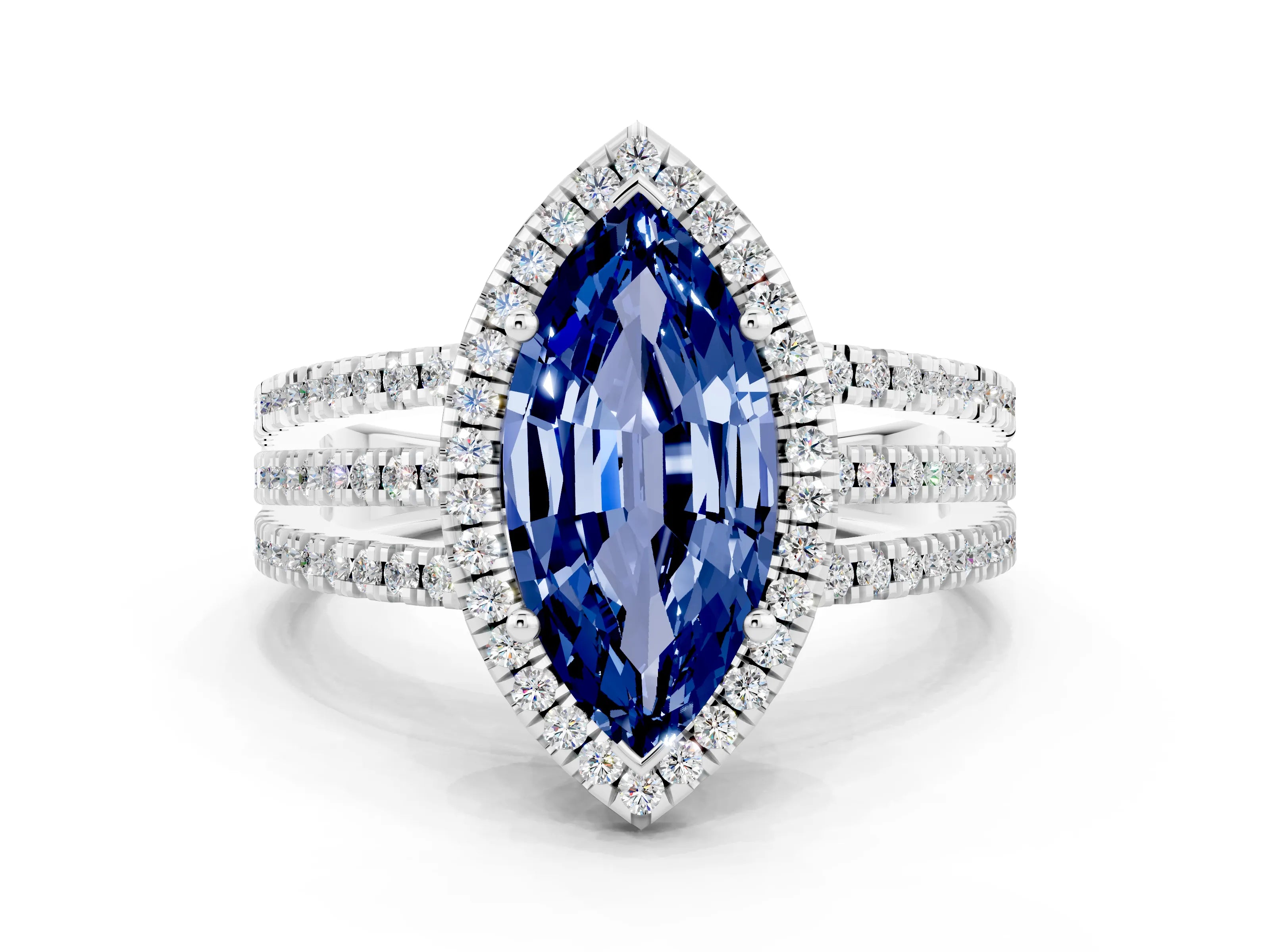 White gold {shape_name} Blue Sapphire Halo Engagement Ring with Split Shank and Four-Prong Setting