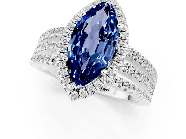 Platinum Marquise Cut Blue Sapphire Halo Engagement Ring with Split Shank and Four-Prong Setting