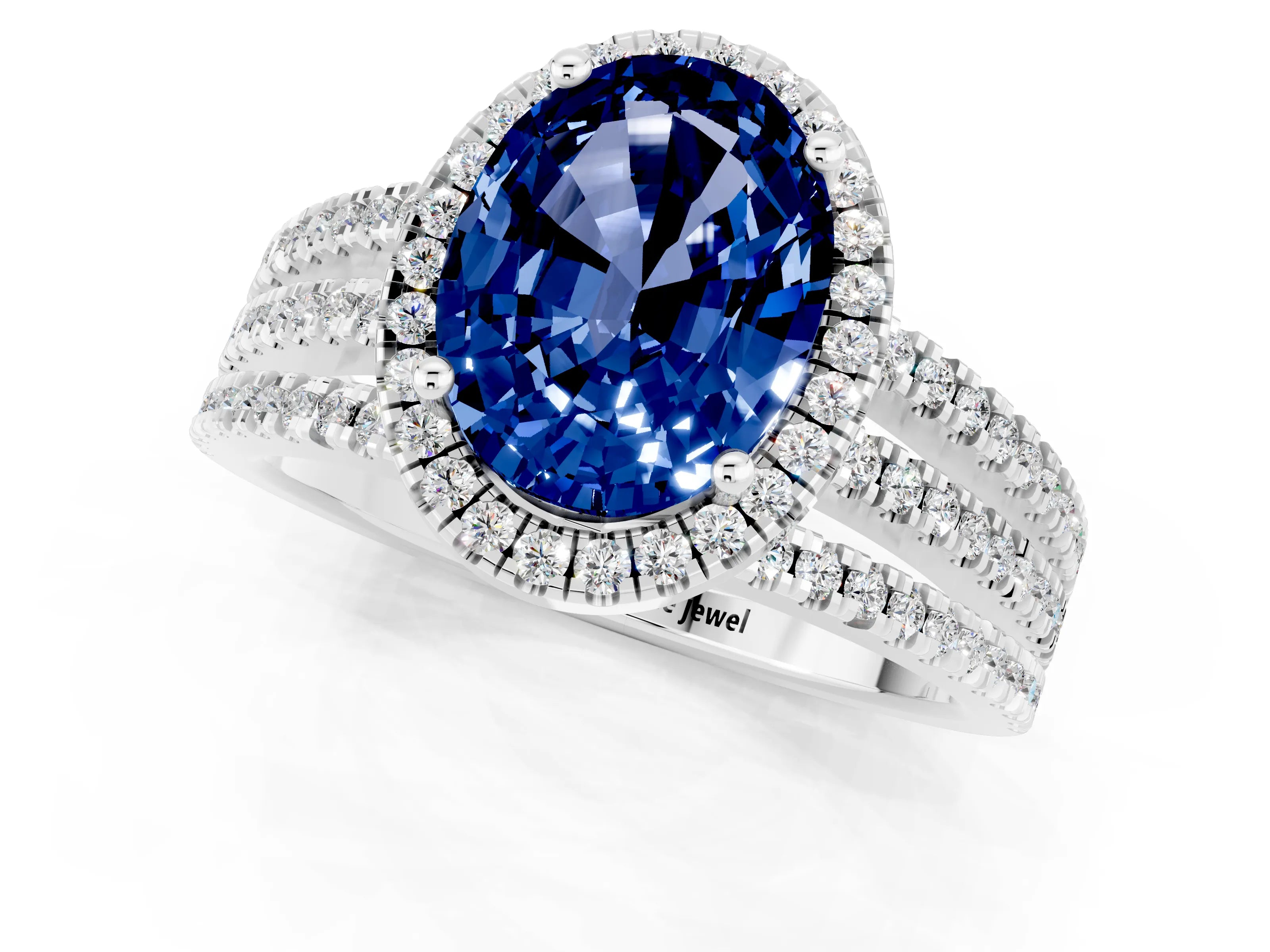 White gold {shape_name} Blue Sapphire Halo Engagement Ring with Split Shank and Four-Prong Setting_13