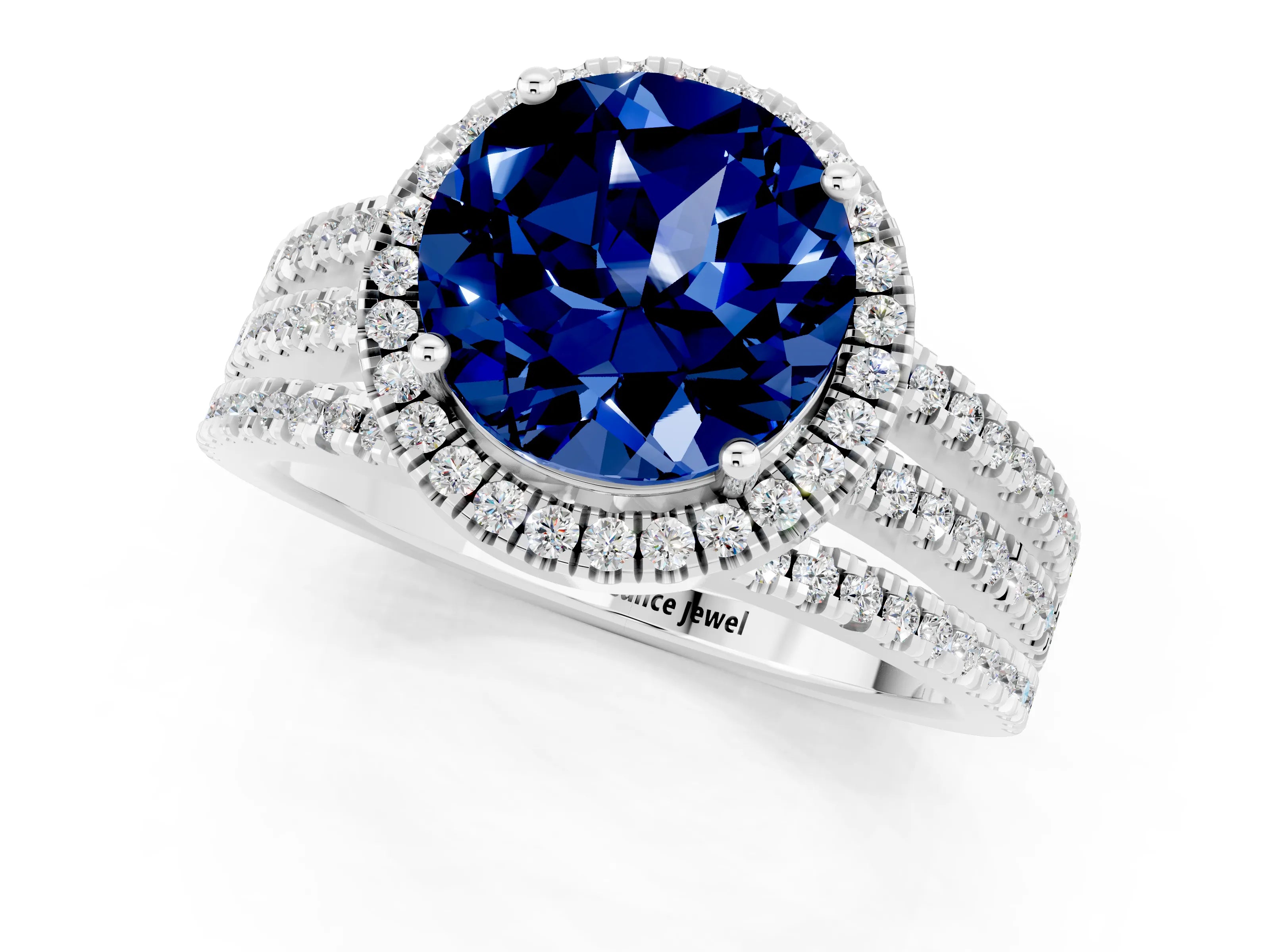 White gold {shape_name} Blue Sapphire Halo Engagement Ring with Split Shank and Four-Prong Setting_13