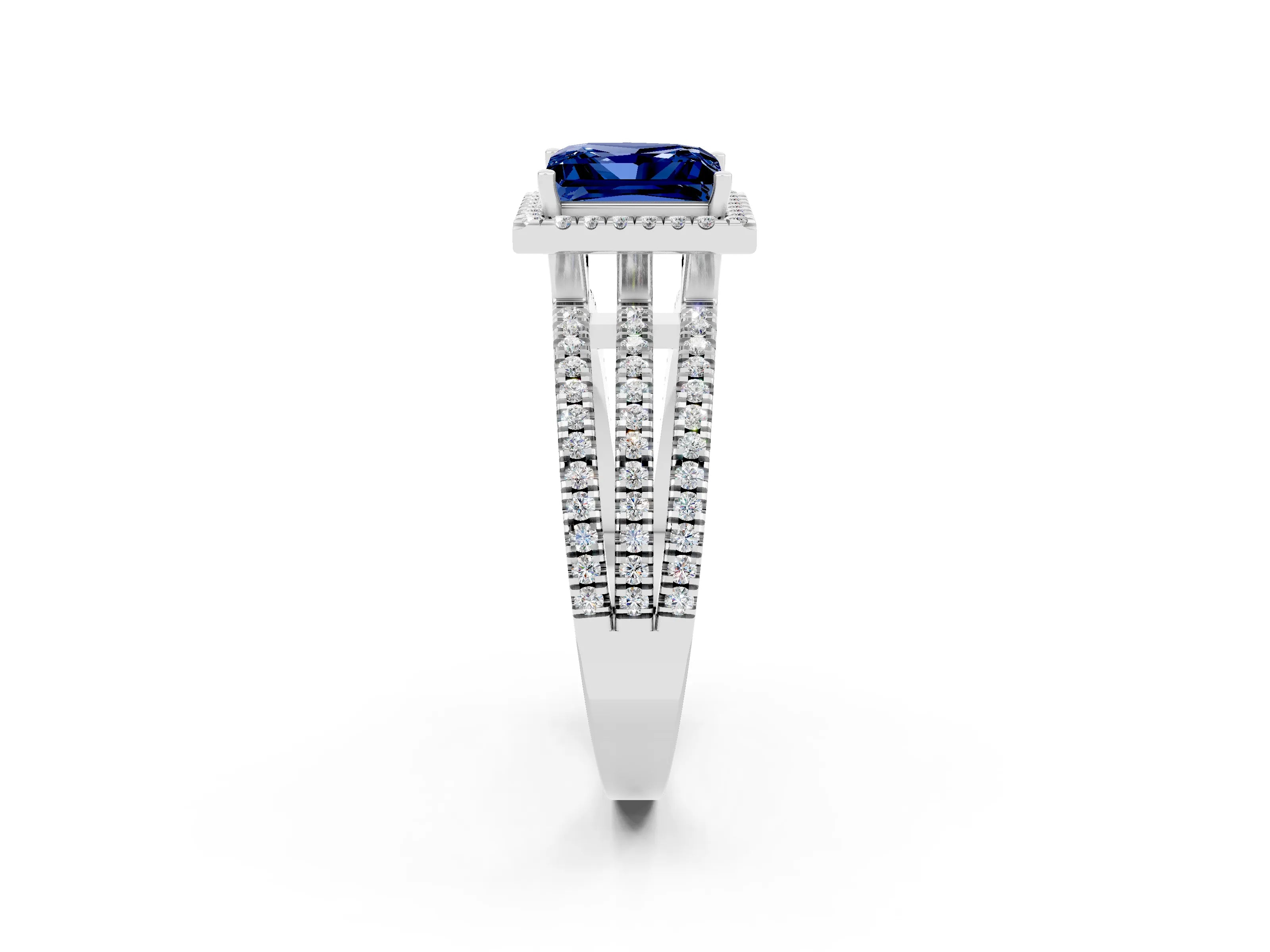 White gold {shape_name} Blue Sapphire Halo Engagement Ring with Split Shank and Four-Prong Setting_14