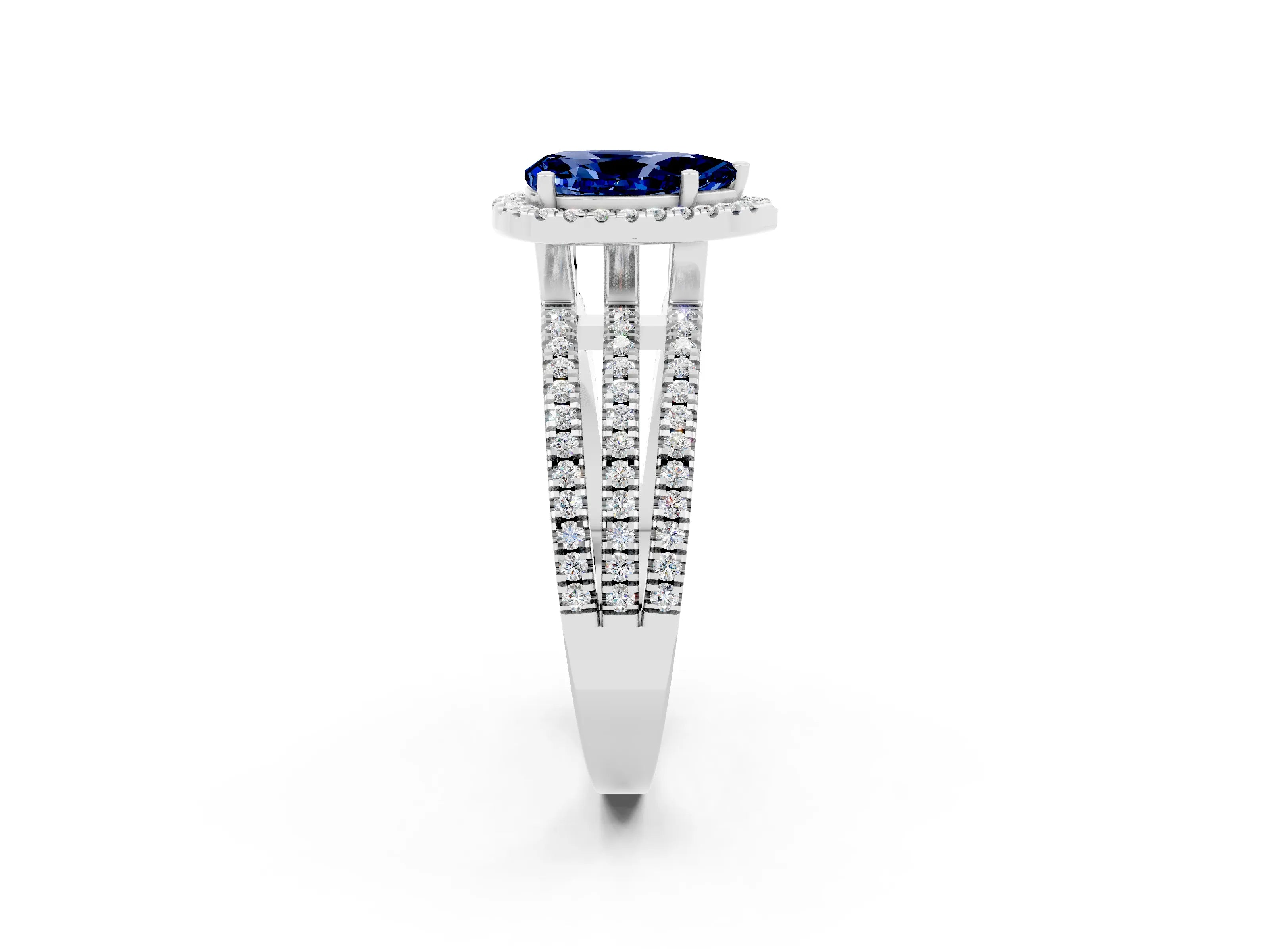 White gold {shape_name} Blue Sapphire Halo Engagement Ring with Split Shank and Four-Prong Setting_14