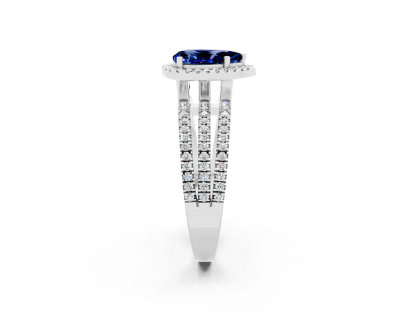 White gold Pear Cut Blue Sapphire Halo Engagement Ring with Split Shank and Four-Prong Setting