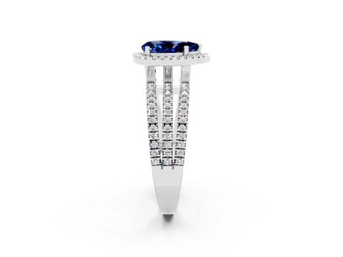 White gold {shape_name} Blue Sapphire Halo Engagement Ring with Split Shank and Four-Prong Setting_14