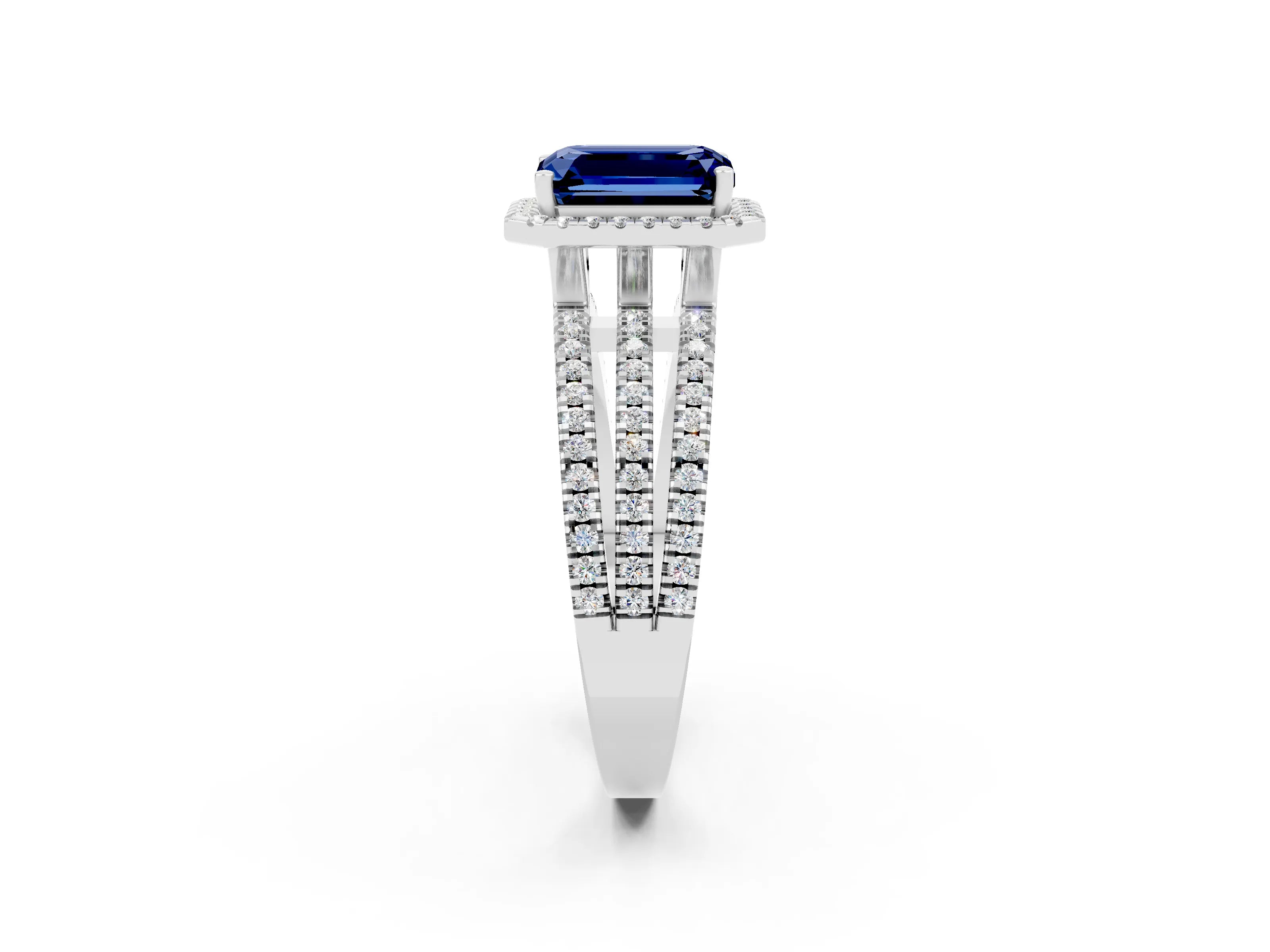 White gold {shape_name} Blue Sapphire Halo Engagement Ring with Split Shank and Four-Prong Setting_14