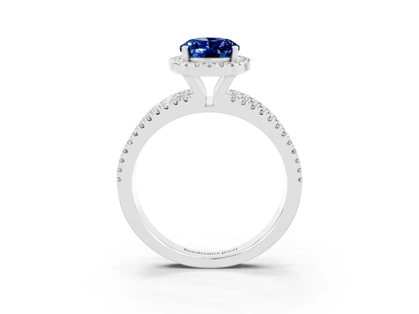 White gold Oval Cut Blue Sapphire Halo Engagement Ring with Split Shank and Four-Prong Setting