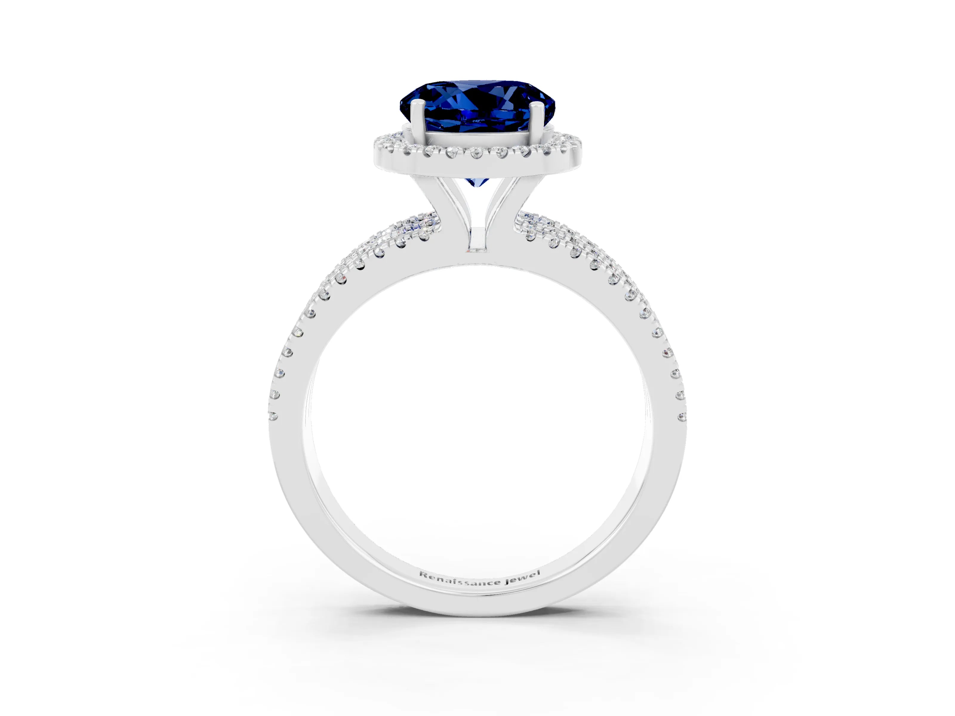 White gold {shape_name} Blue Sapphire Halo Engagement Ring with Split Shank and Four-Prong Setting_15