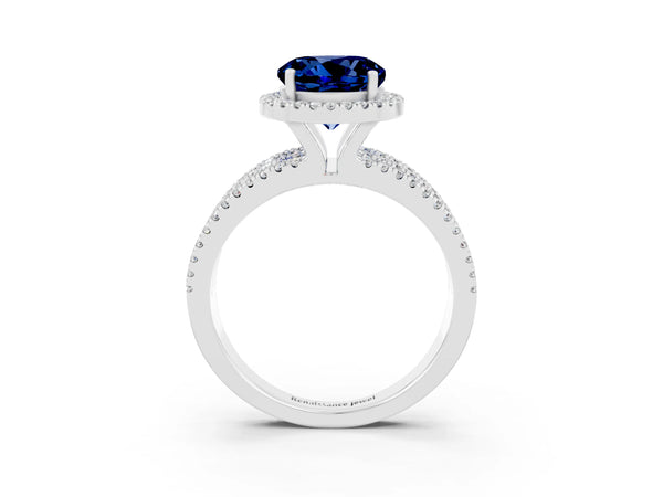 White gold Round Cut Blue Sapphire Halo Engagement Ring with Split Shank and Four-Prong Setting