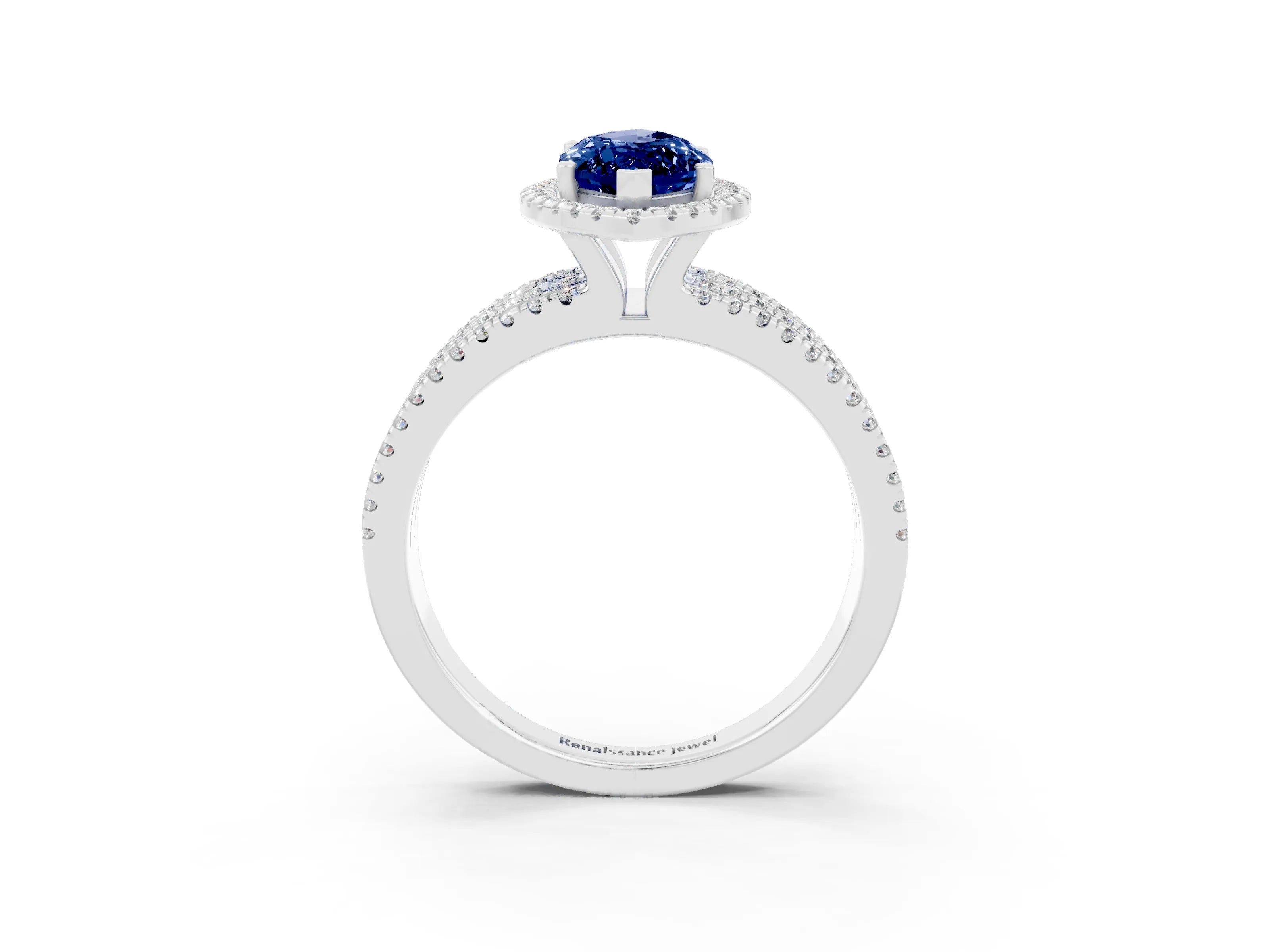 White gold {shape_name} Blue Sapphire Halo Engagement Ring with Split Shank and Four-Prong Setting_15