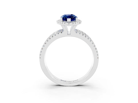 White gold {shape_name} Blue Sapphire Halo Engagement Ring with Split Shank and Four-Prong Setting_15
